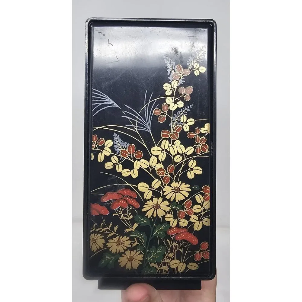 Vintage Hong Kong Black Vanity Jewelry Trinket Box Flip Rotating Mirror Floral